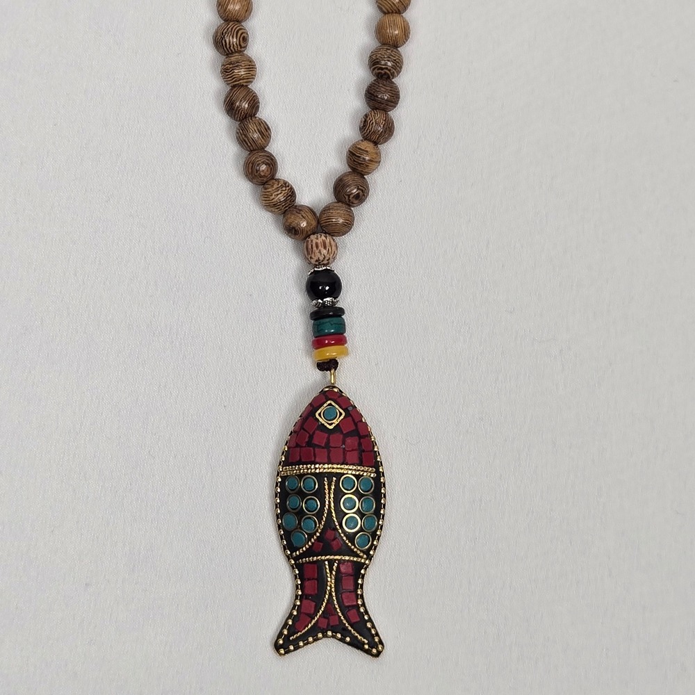 Boho Wood Beaded Fish Pendant Necklace Mosaic Red Turquoise Long Statement